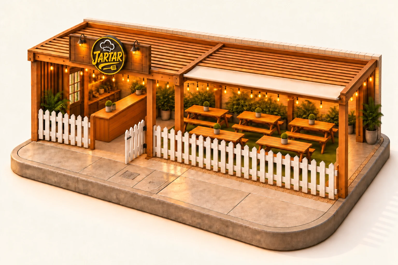 Miniatura ilustrada de Jartar: terraza de madera, pérgola y cerca blanca